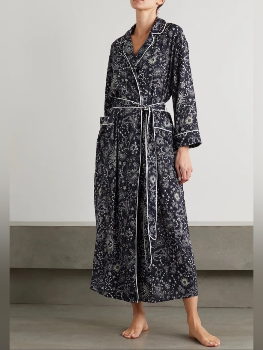 RIXO Navy Celestial Star & Sun Print Long Robe with White Piping size XS
